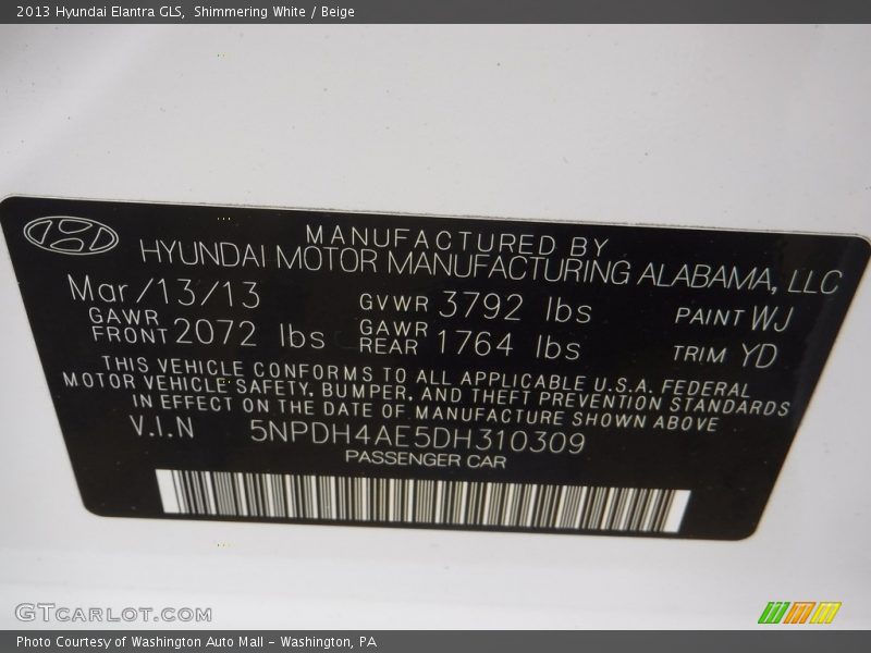 Shimmering White / Beige 2013 Hyundai Elantra GLS