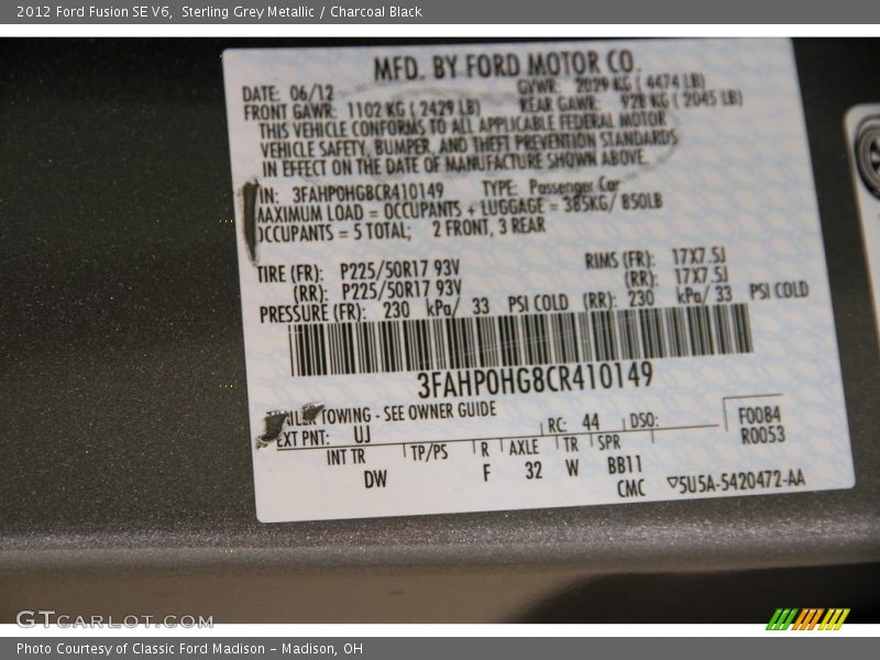 Sterling Grey Metallic / Charcoal Black 2012 Ford Fusion SE V6