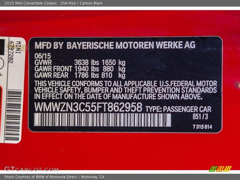 Chili Red / Carbon Black 2015 Mini Convertible Cooper