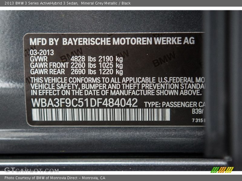 Mineral Grey Metallic / Black 2013 BMW 3 Series ActiveHybrid 3 Sedan