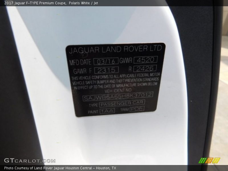 2017 F-TYPE Premium Coupe Polaris White Color Code 1AA