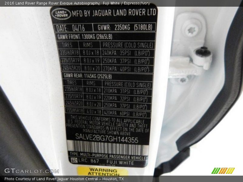 Fuji White / Espresso/Ivory 2016 Land Rover Range Rover Evoque Autobiography