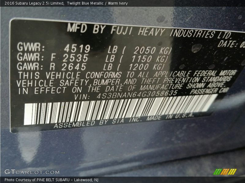 Twilight Blue Metallic / Warm Ivory 2016 Subaru Legacy 2.5i Limited