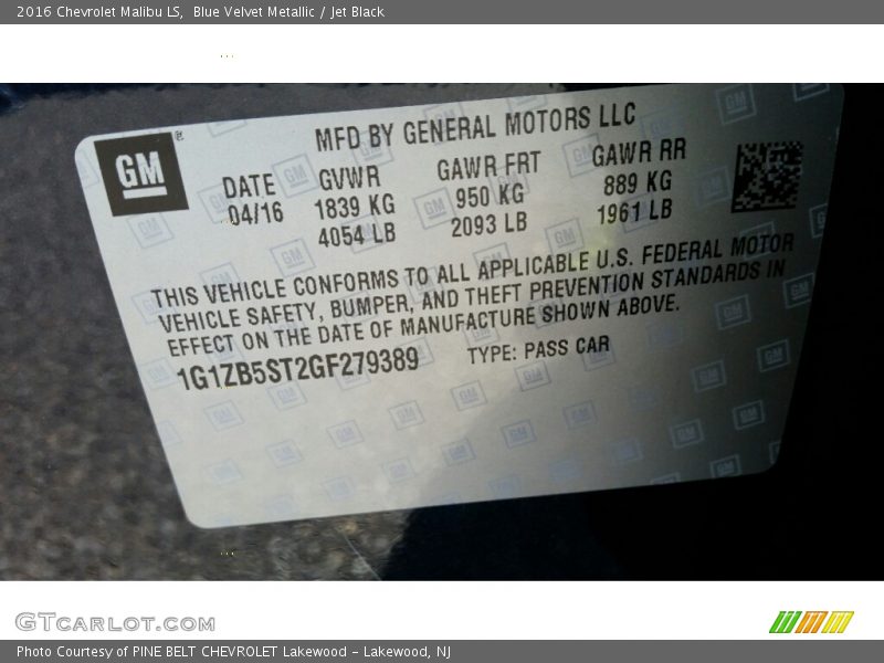 Blue Velvet Metallic / Jet Black 2016 Chevrolet Malibu LS