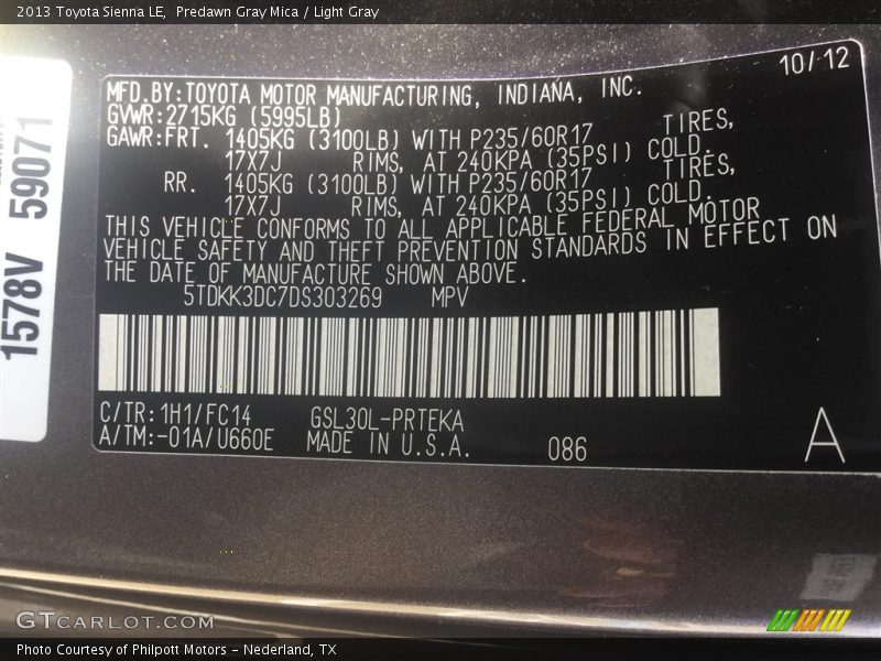 Predawn Gray Mica / Light Gray 2013 Toyota Sienna LE