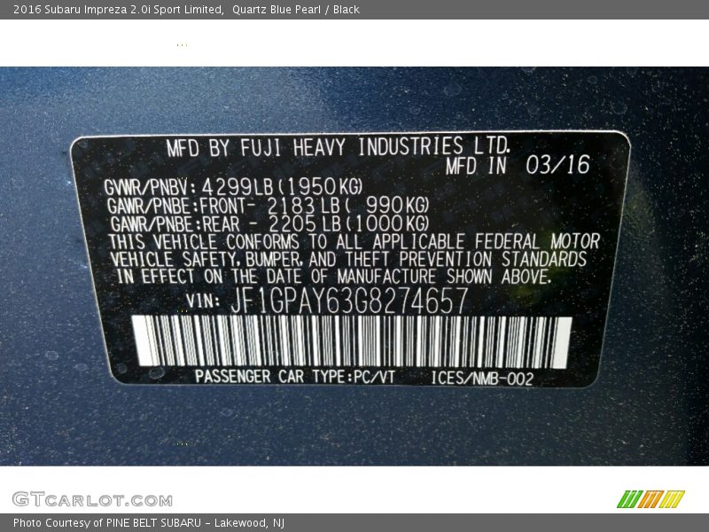 Quartz Blue Pearl / Black 2016 Subaru Impreza 2.0i Sport Limited