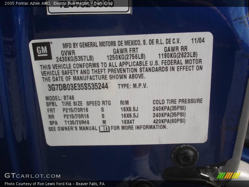 Electric Blue Metallic / Dark Gray 2005 Pontiac Aztek AWD