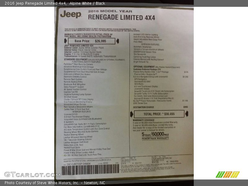 Alpine White / Black 2016 Jeep Renegade Limited 4x4