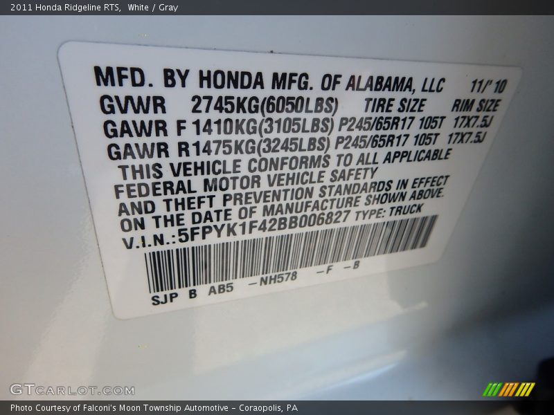 White / Gray 2011 Honda Ridgeline RTS