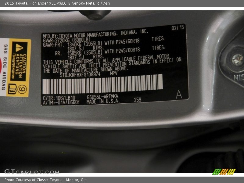Silver Sky Metallic / Ash 2015 Toyota Highlander XLE AWD