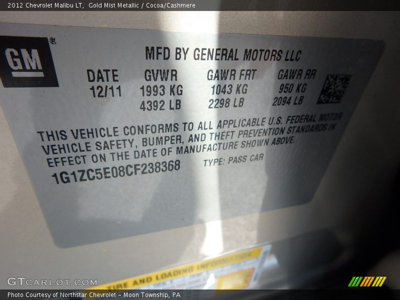 Gold Mist Metallic / Cocoa/Cashmere 2012 Chevrolet Malibu LT