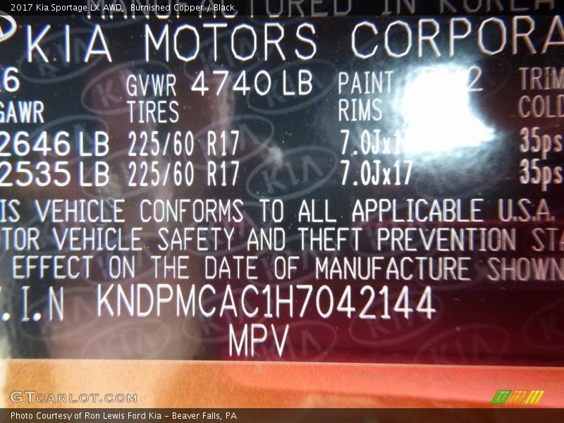 Burnished Copper / Black 2017 Kia Sportage LX AWD