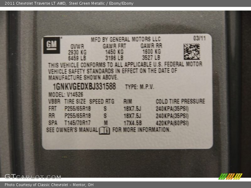 Steel Green Metallic / Ebony/Ebony 2011 Chevrolet Traverse LT AWD