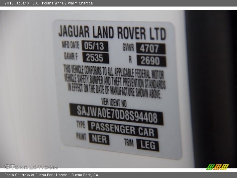 Polaris White / Warm Charcoal 2013 Jaguar XF 3.0