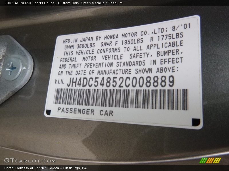 Custom Dark Green Metallic / Titanium 2002 Acura RSX Sports Coupe