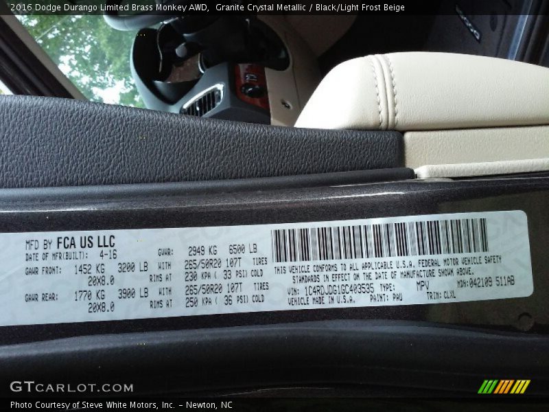 Granite Crystal Metallic / Black/Light Frost Beige 2016 Dodge Durango Limited Brass Monkey AWD
