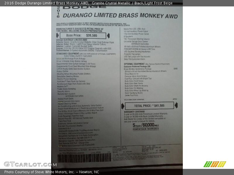  2016 Durango Limited Brass Monkey AWD Window Sticker
