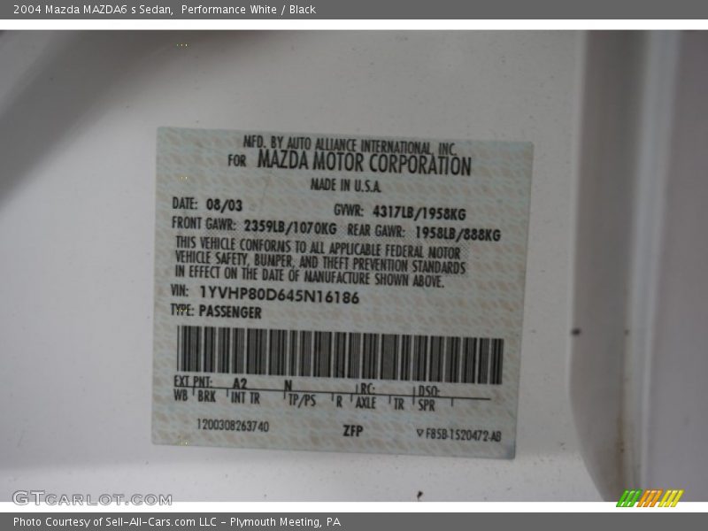 Performance White / Black 2004 Mazda MAZDA6 s Sedan