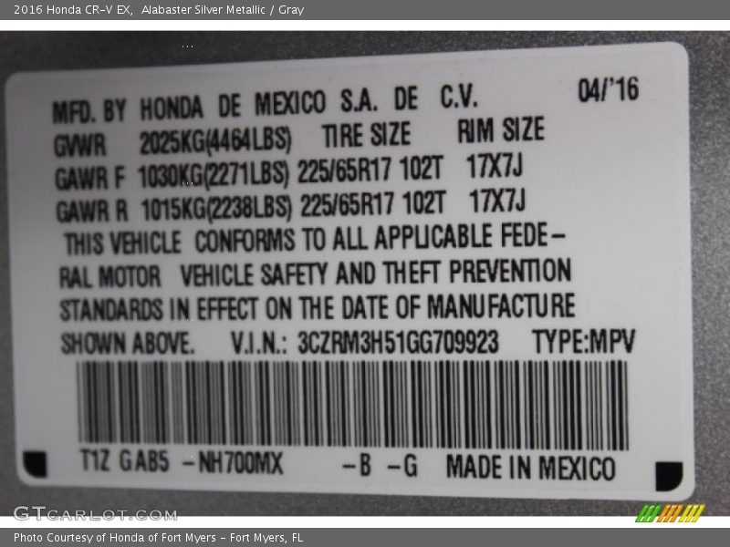 Alabaster Silver Metallic / Gray 2016 Honda CR-V EX