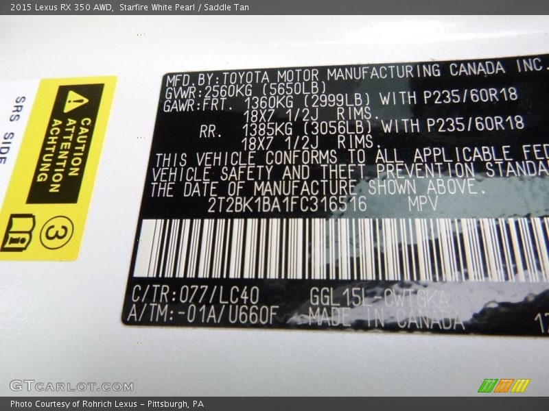 Starfire White Pearl / Saddle Tan 2015 Lexus RX 350 AWD