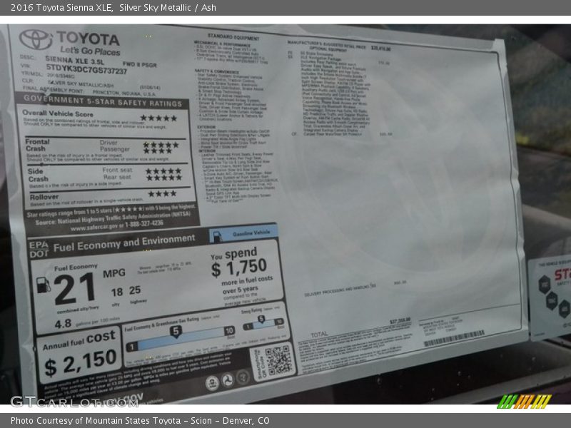 Silver Sky Metallic / Ash 2016 Toyota Sienna XLE