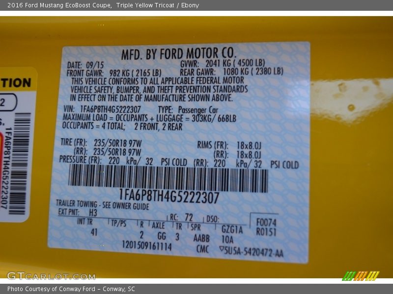 2016 Mustang EcoBoost Coupe Triple Yellow Tricoat Color Code H3