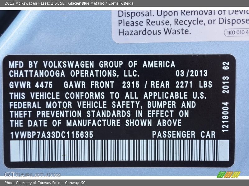 Glacier Blue Metallic / Cornsilk Beige 2013 Volkswagen Passat 2.5L SE