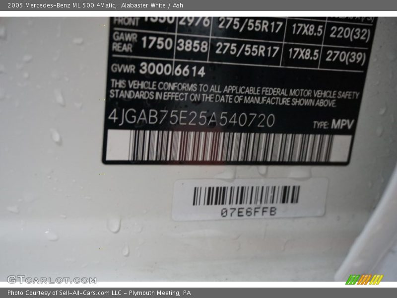 Alabaster White / Ash 2005 Mercedes-Benz ML 500 4Matic