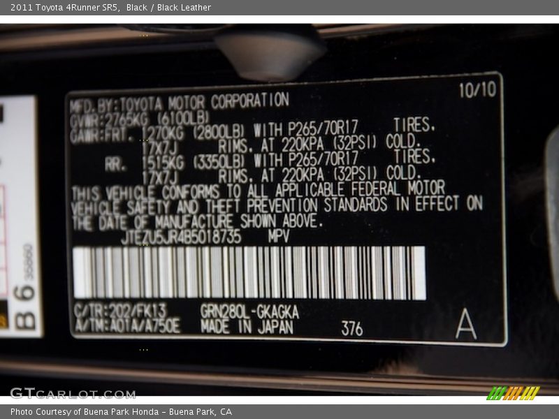 Black / Black Leather 2011 Toyota 4Runner SR5