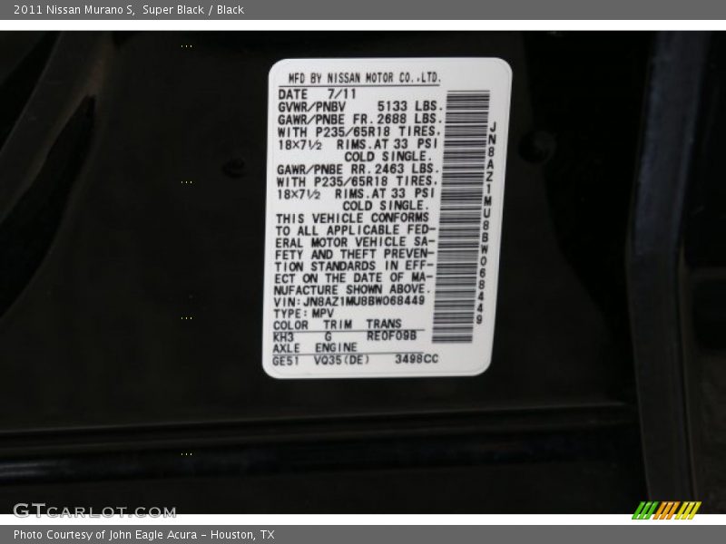 Super Black / Black 2011 Nissan Murano S