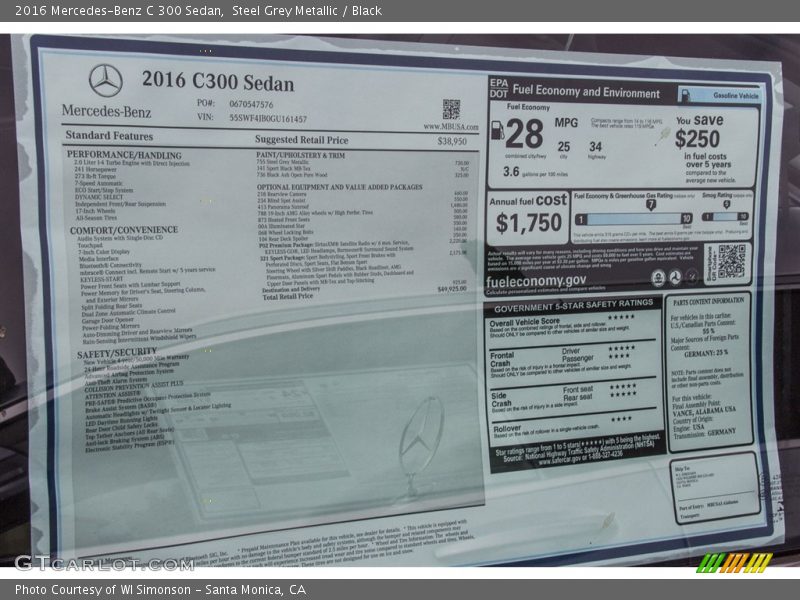 Steel Grey Metallic / Black 2016 Mercedes-Benz C 300 Sedan