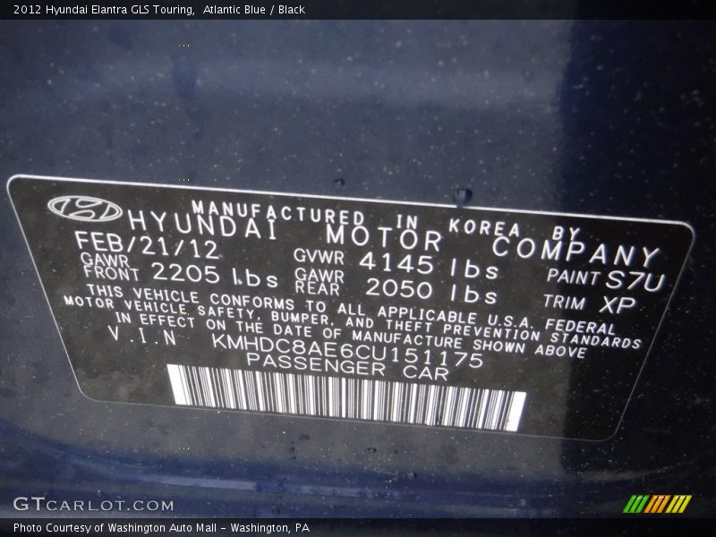 Atlantic Blue / Black 2012 Hyundai Elantra GLS Touring