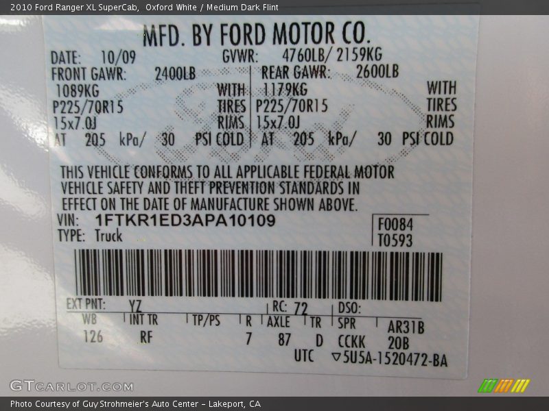 Oxford White / Medium Dark Flint 2010 Ford Ranger XL SuperCab