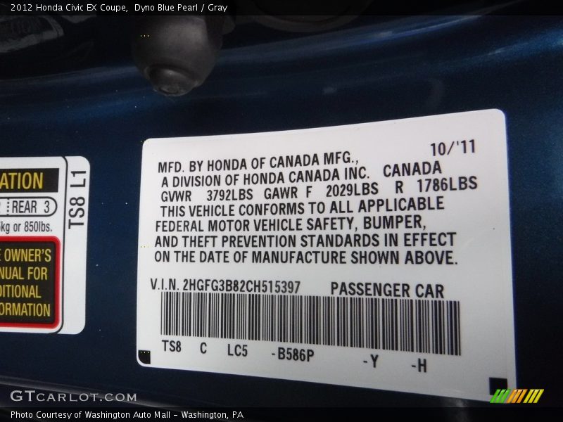 Dyno Blue Pearl / Gray 2012 Honda Civic EX Coupe