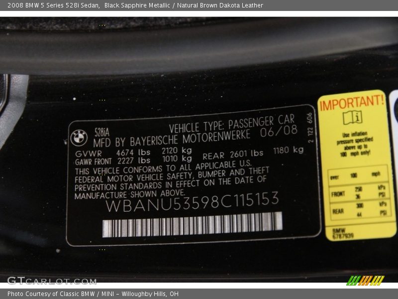 Black Sapphire Metallic / Natural Brown Dakota Leather 2008 BMW 5 Series 528i Sedan