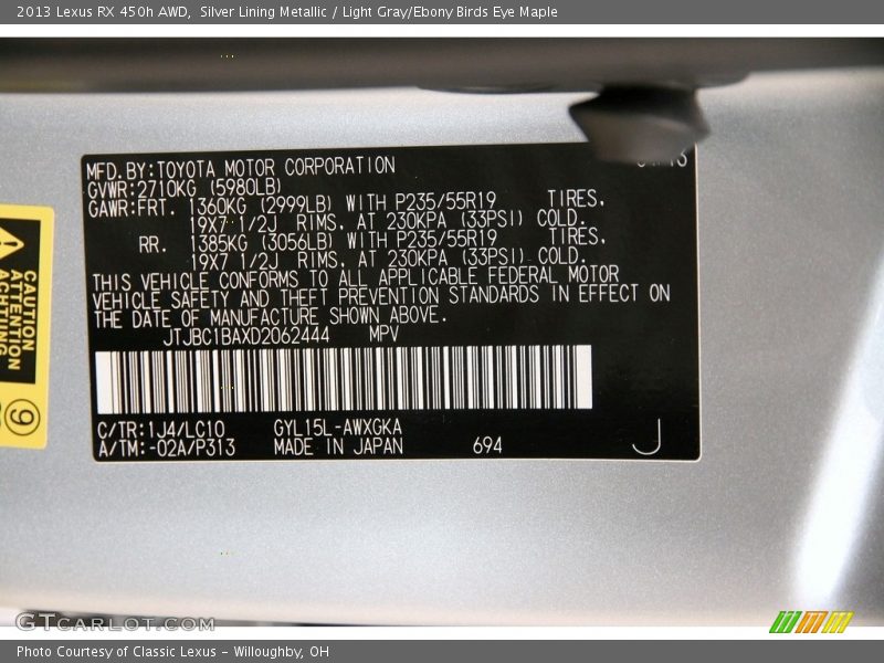 Silver Lining Metallic / Light Gray/Ebony Birds Eye Maple 2013 Lexus RX 450h AWD