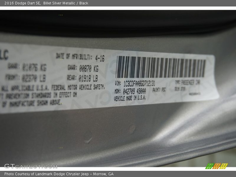 Billet Silver Metallic / Black 2016 Dodge Dart SE