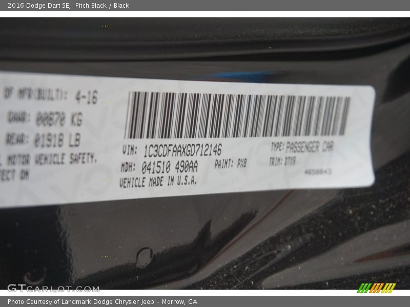 Pitch Black / Black 2016 Dodge Dart SE