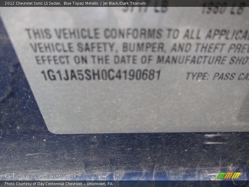 Blue Topaz Metallic / Jet Black/Dark Titanium 2012 Chevrolet Sonic LS Sedan