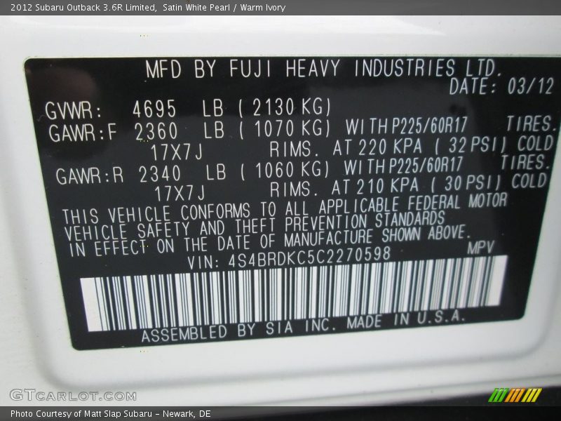 Satin White Pearl / Warm Ivory 2012 Subaru Outback 3.6R Limited