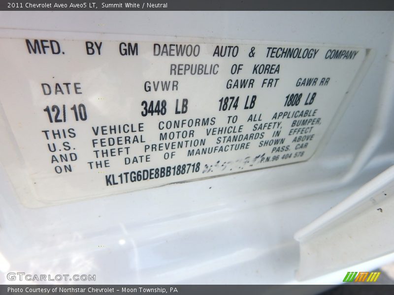 Summit White / Neutral 2011 Chevrolet Aveo Aveo5 LT