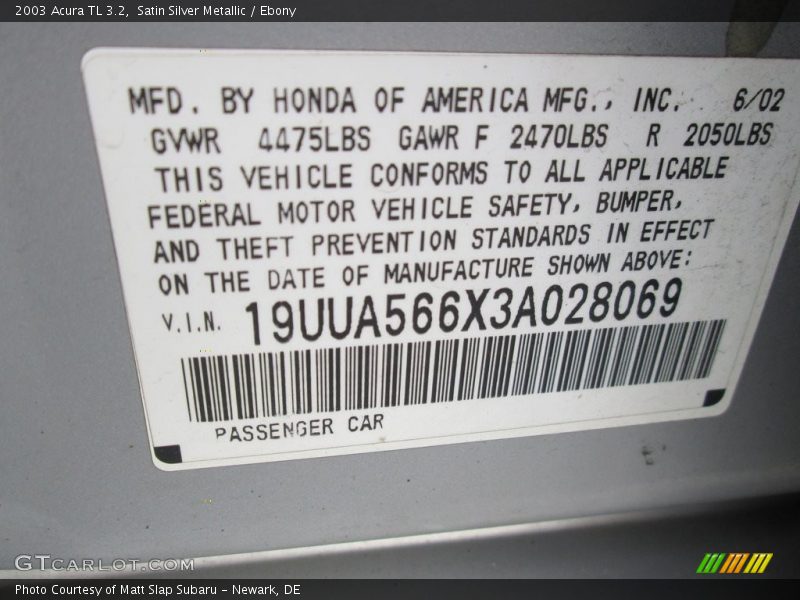 Satin Silver Metallic / Ebony 2003 Acura TL 3.2