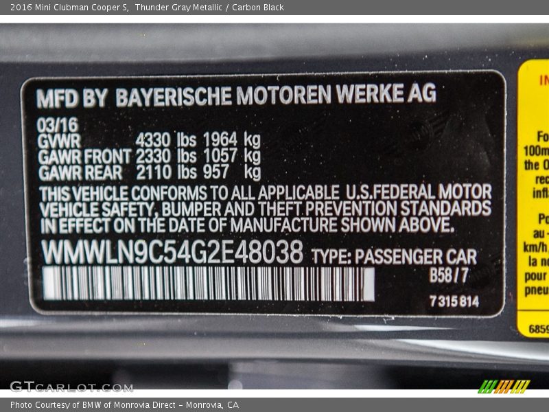 Thunder Gray Metallic / Carbon Black 2016 Mini Clubman Cooper S