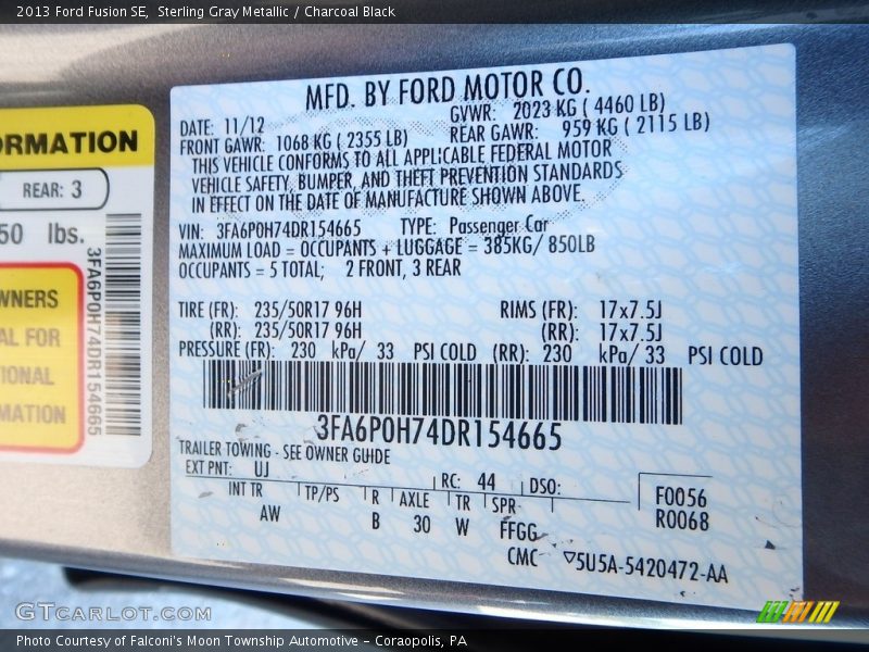 Sterling Gray Metallic / Charcoal Black 2013 Ford Fusion SE