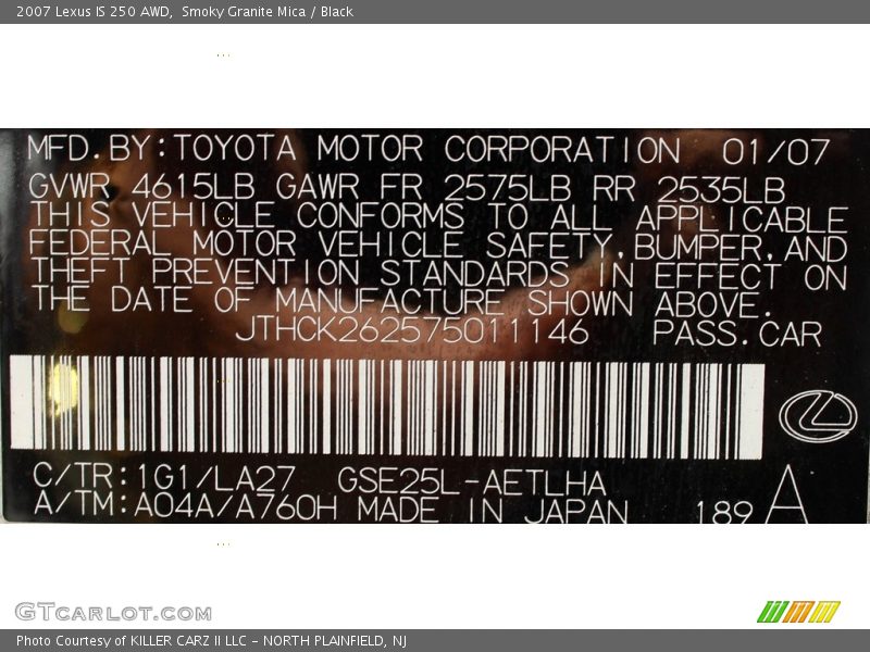 Smoky Granite Mica / Black 2007 Lexus IS 250 AWD