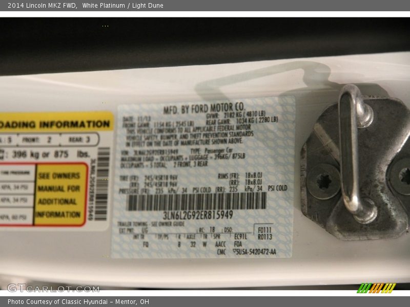 White Platinum / Light Dune 2014 Lincoln MKZ FWD