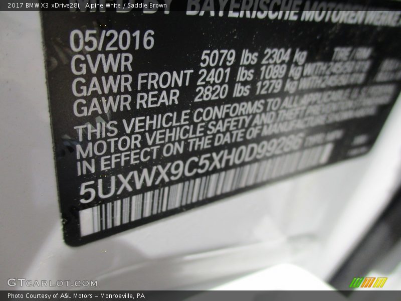 Alpine White / Saddle Brown 2017 BMW X3 xDrive28i