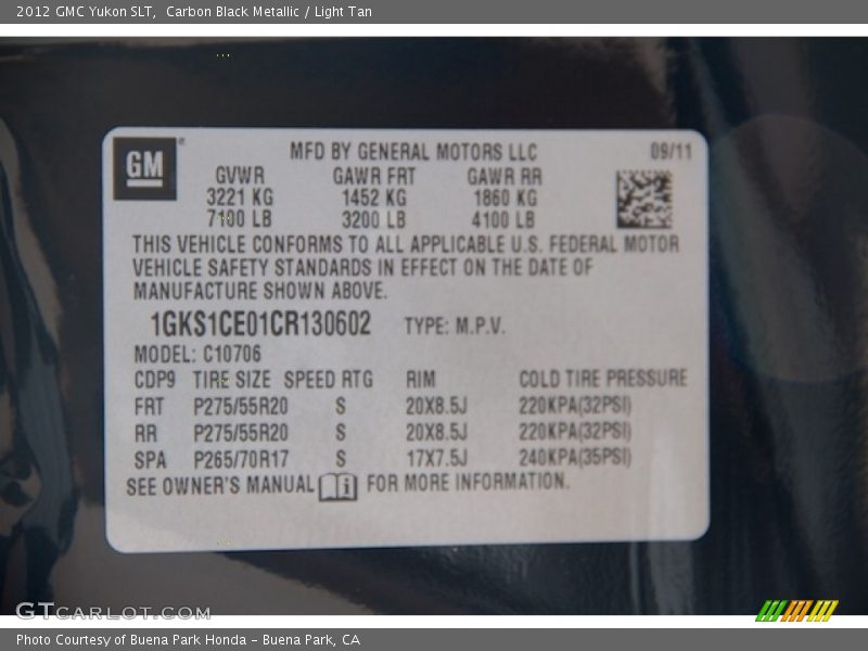 Carbon Black Metallic / Light Tan 2012 GMC Yukon SLT