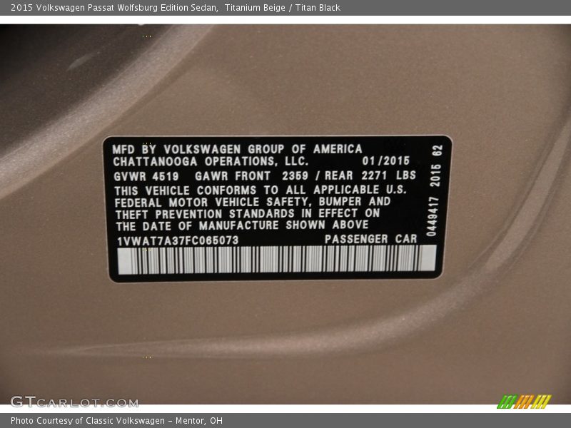 Titanium Beige / Titan Black 2015 Volkswagen Passat Wolfsburg Edition Sedan