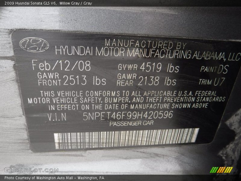 Willow Gray / Gray 2009 Hyundai Sonata GLS V6